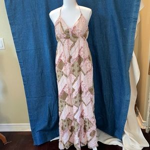 Romeo & Juliet Couture Multi-Pattern Pink/Brown Halter Maxi Dress. Size L.